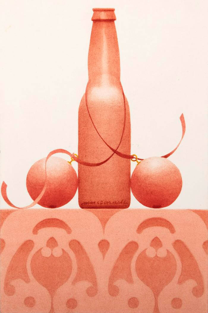 All orange watercolor of a bottle with two balls, a ribbon and a scroll pattern.